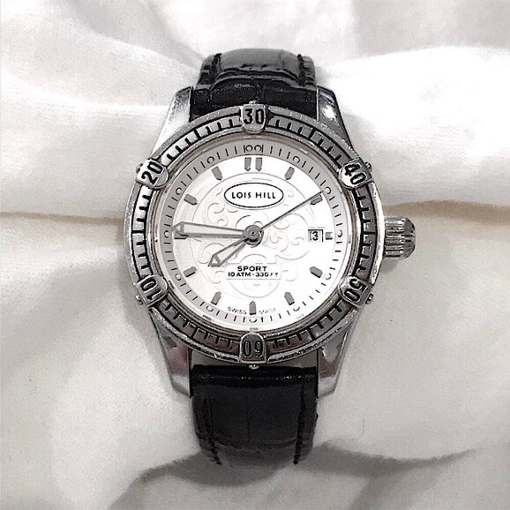 LOIS HILL Round White Face Scroll Embellished Sport Watch w/ Black Leather Band